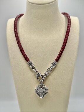 Judith Ripka Sterling Silver Heart Necklace on Burgundy Leather Cord